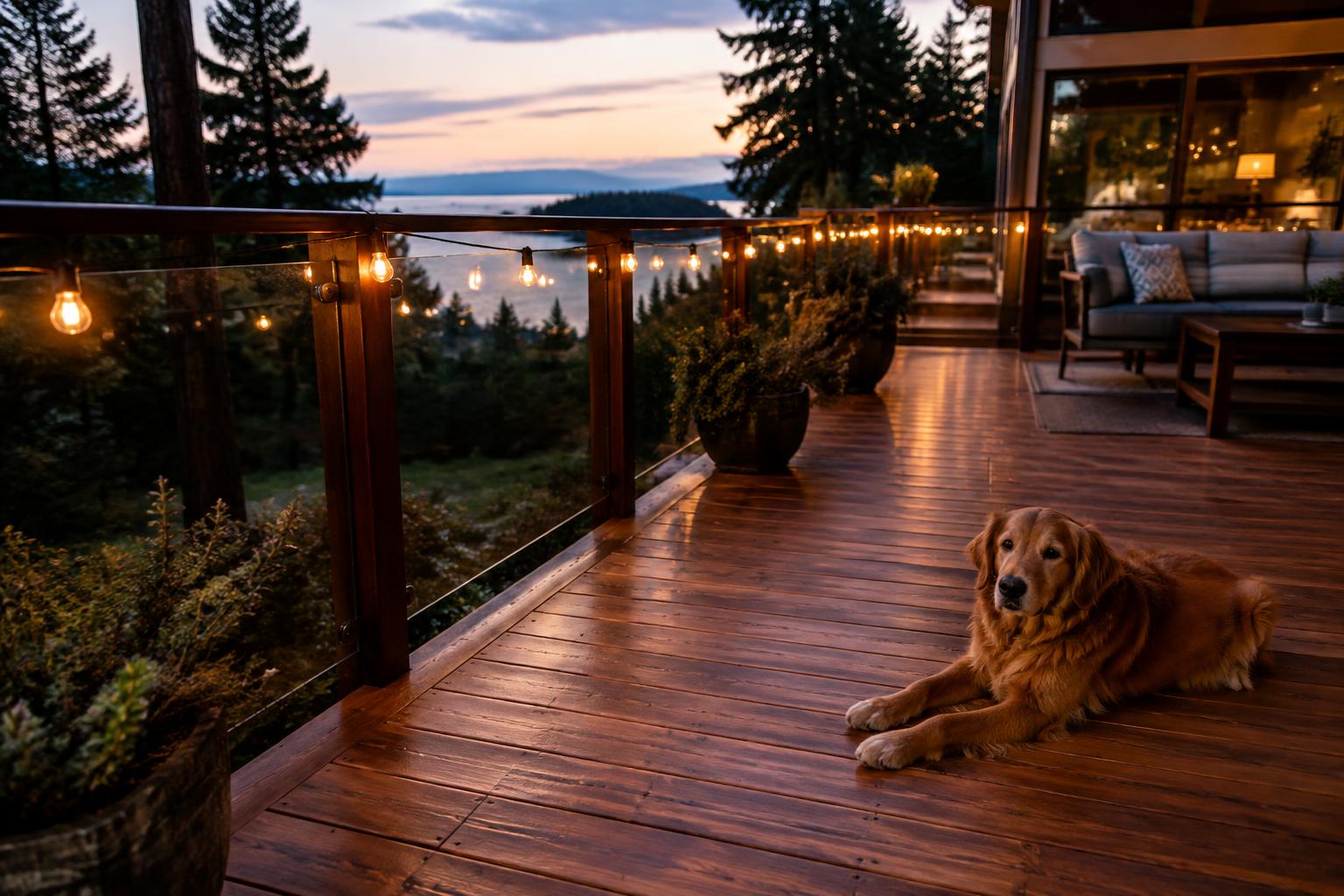 Cedar deck with glass railing and string lights
