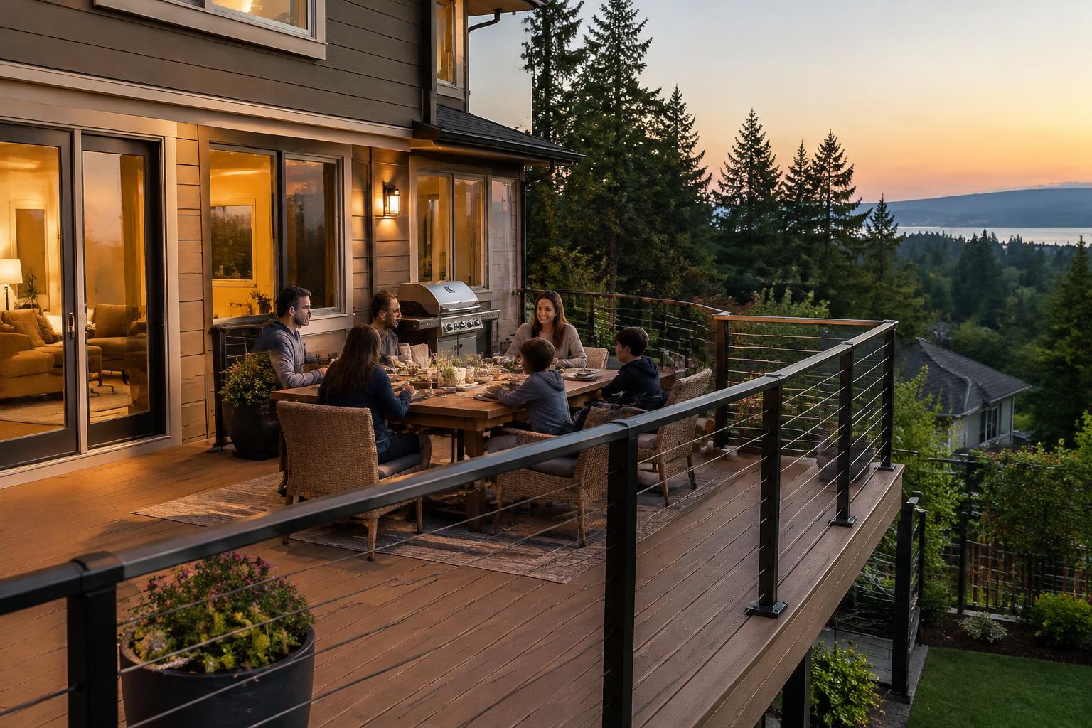 Family dining on a composite deck with cable railing